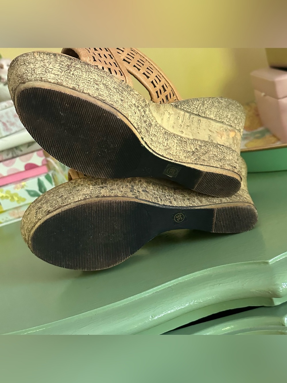 Patrizia Spring Step Tan Floral Jewel Accent Slide Platform Wedge Sandal 38/7.5 - Picture 9 of 13